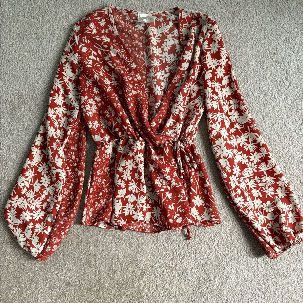 Vanilla Bay Orange-Red Floral Wrap Blouse